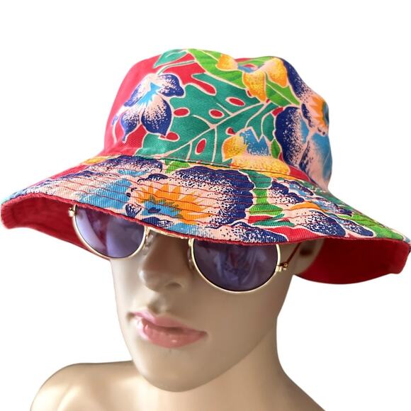 Vintage AG Bucket Hat Cap Red Floral Boho Tropical Hawaiian Beach Summer Cotton main image 5
